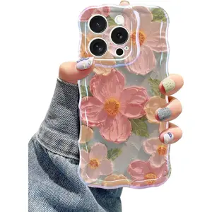 Jusy Phone Case for iPhone 14 Pro, Colorful Retro Oil Painting Flower Laser Blue Glossy Pattern, Cute Curly Wave Soft TPU Cover for Women Girls, Green