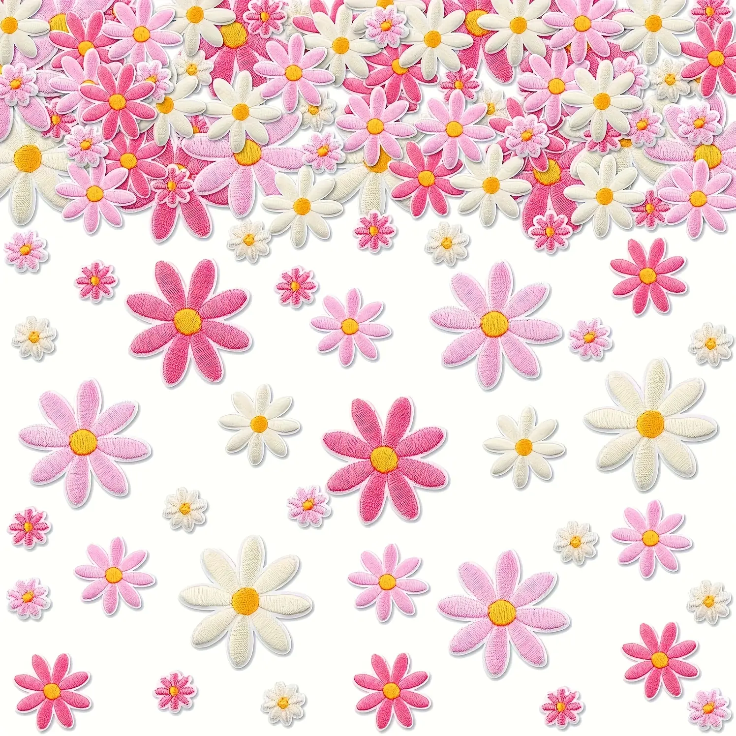 60pcs Daisy Floral Embroidery Appliques - Iron-On & Sew-On Cotton-Polyester Fabric Patches, 4 Sizes Multicolor Dressmaking Accessories (Beige, Light Pink, Pastel Pink, Yellow Centers, Green Leaves) for Crafts, Bags, Daisy Flower, Embroidered, Multicolor S