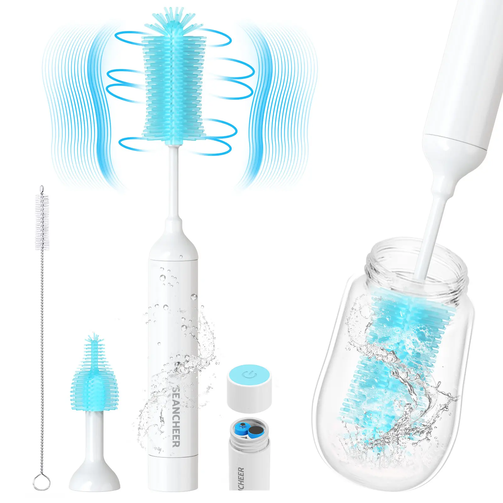 SEANCHEER S02 Electric Bottle Brush Set, Portable Baby Bottle Brush Cleaner, AA Battery-Powered & IPX7 Waterproof, with Silicone Bottle/Nipple/Straw Brush, for Home & Travel Bottlewasher Newborn Infant Gifts,back to school,back to school haul