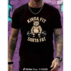 "Kinda Fit Sorta Fat" Gym Bear Graphic T-Shirt | Funny Workout Humor Tee | Bodybuilding Bear Crewneck | Soft Black Cotton Casual Streetwear