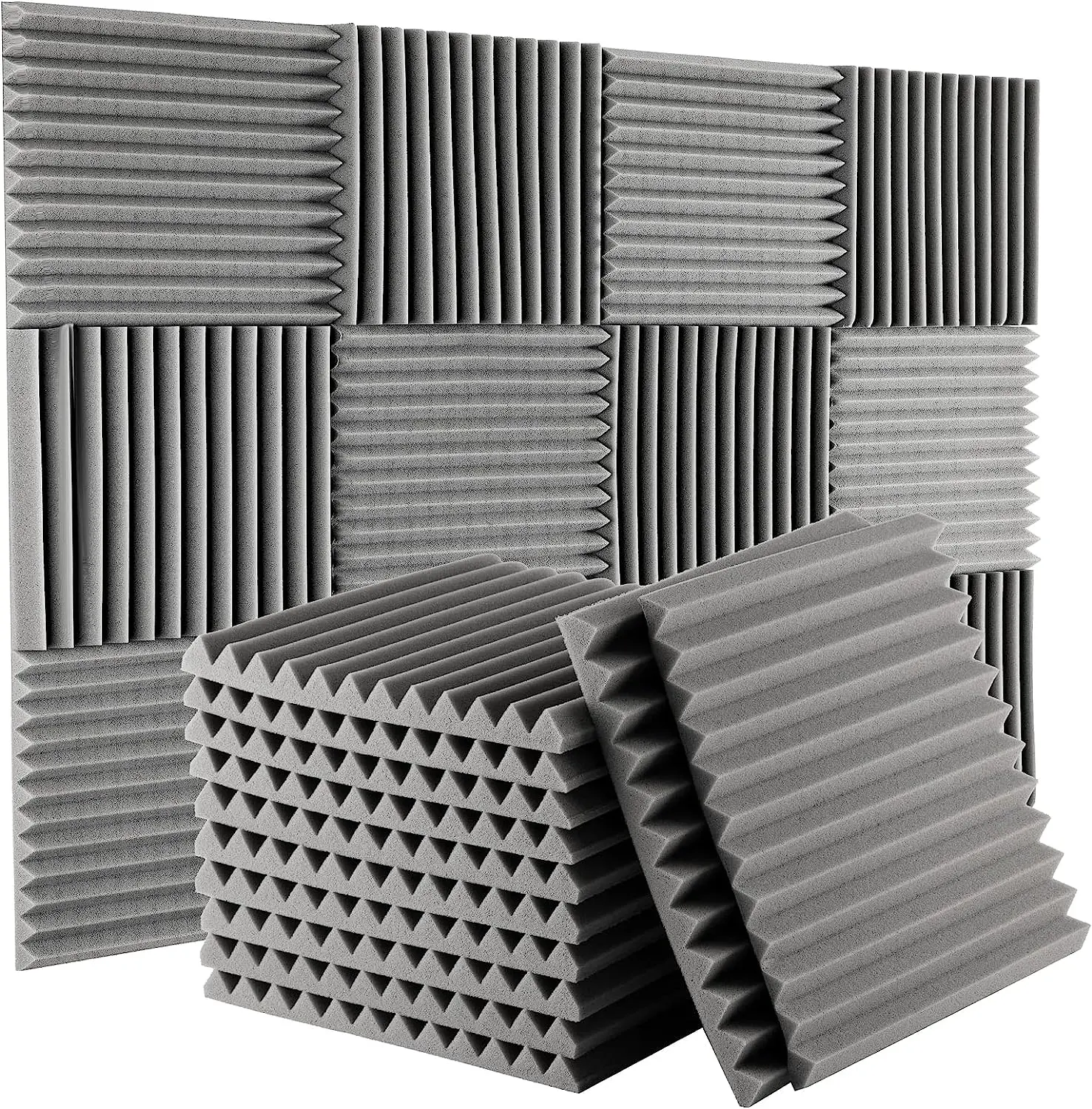 Gray Acoustic Wall Panels (12"x12"x1" Wedge-Form Polyurethane Foam) - Environmentally Friendly Soundproofing Insulation, Easy-Install for Studio Sound, Bedrooms & Living Rooms, 12-96 Count Multiple Packs for Indoor Use