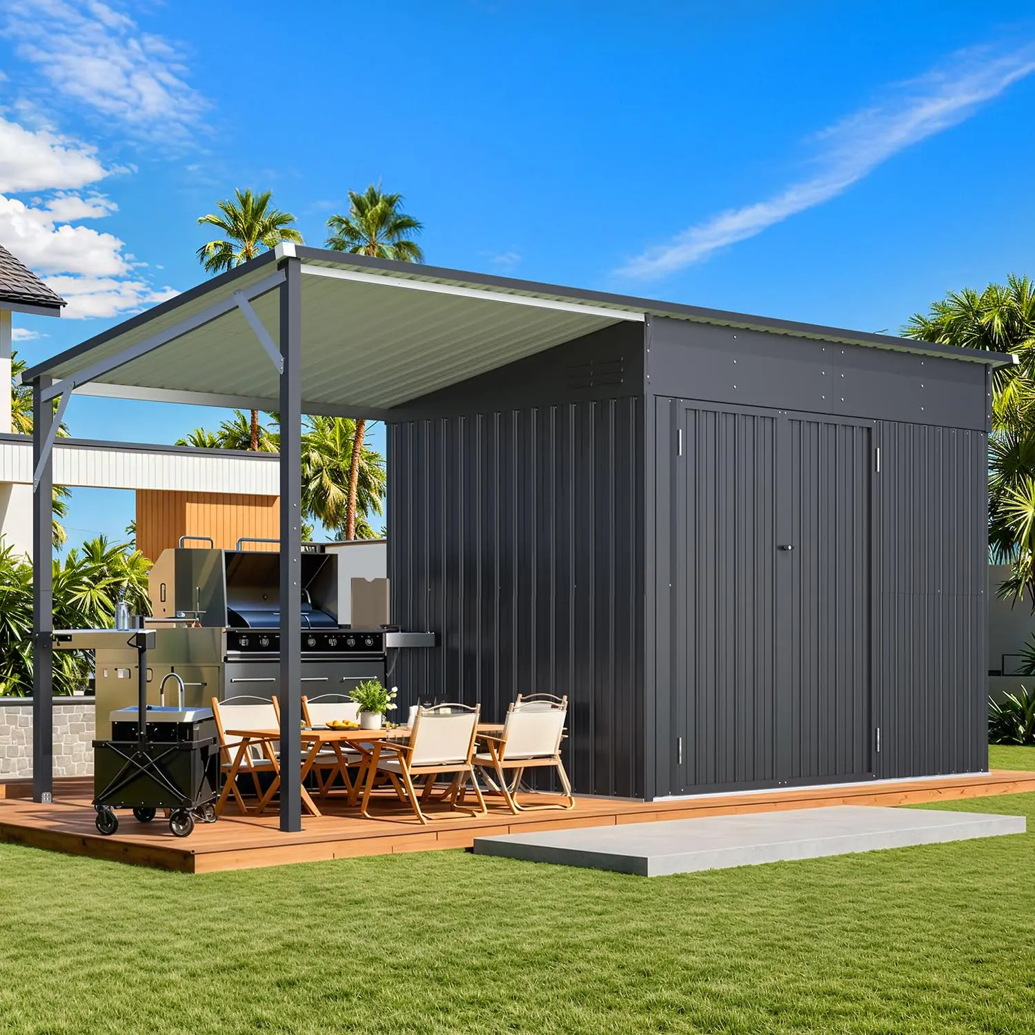 【1/2 Packages arrived at different times】AECOJOY Outdoor Open-Sided Storage Shed 3x5/8x4 Sheds & Outdoor Storage with 15/56 Sq. Ft Covered Tool Shed with Attached Hardtop Metal Pergola Gazebo shed Lockable Door  Organization Patio