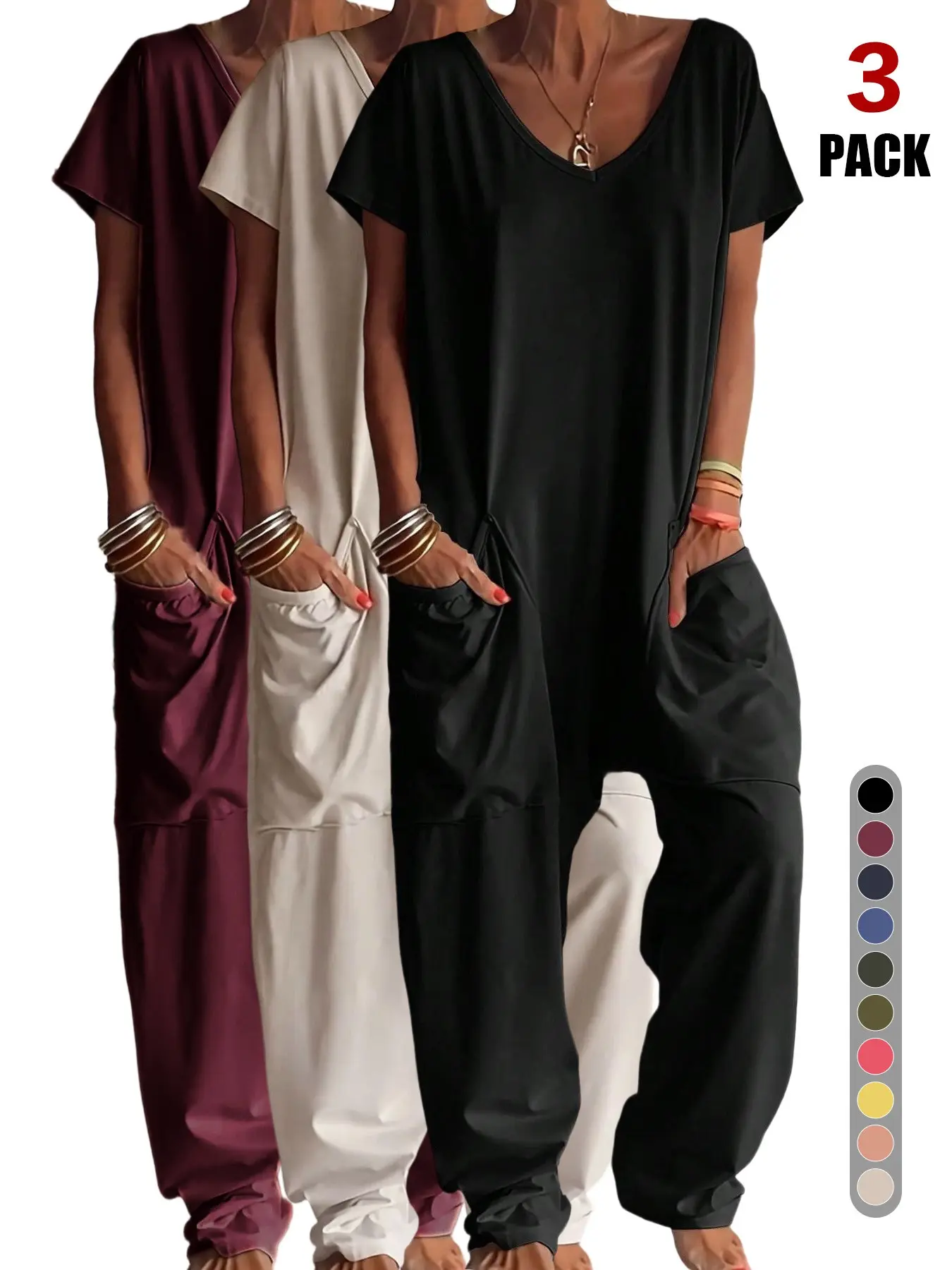 2026 Women's Summer Casual Harem Jumpsuit, Loose Fit V Neck Short Sleeve Baggy Overalls with Pockets, Comfy Loungewear Romper for Daily & Vacation All Season