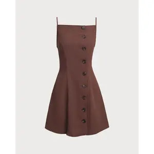 rihoas Women's Minimalist Basic Brown Polyester Spaghetti Strap Button-Pleated Casual Slip Mini Dress, Suitable for Office Wear