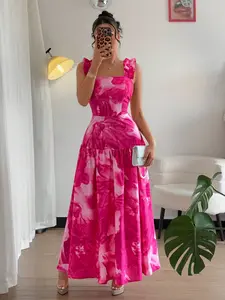 Blush Floral Print Square Neck Dress, Long Sleeveless Design, Perfect for Holidays, Weddings, Parties, Dates, Daily Wear