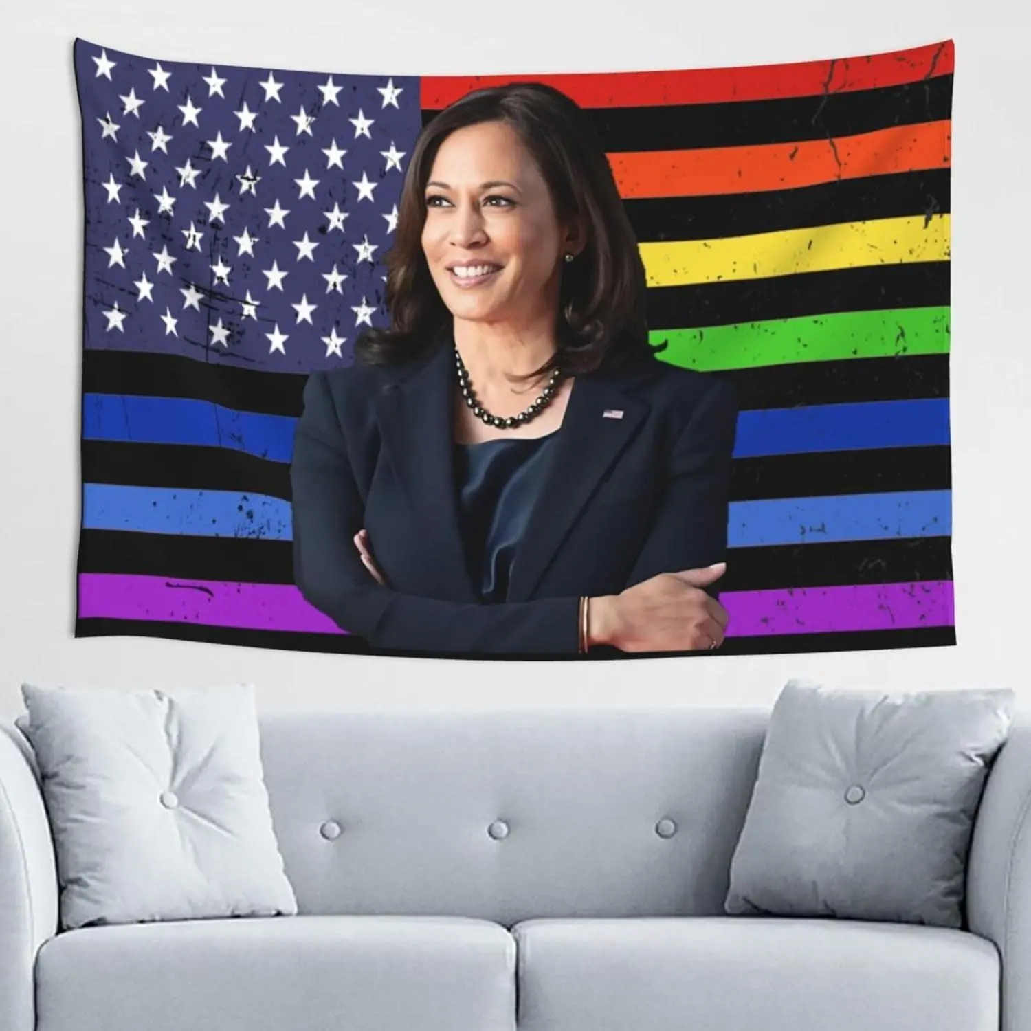 Custom Watercolour Design Tapestry with Lace Edges - Durable Kamala Harris-Walz 2024 For President Pro Harris LGBT Flag Letters, 60x40 in Home Decor Wall Curtain, Table Cover, Beach Throw, Machine Washable, Ideal Wedding Gift, Geometric Accent Home Supply