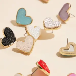 Heart Druzy Stone Ear Stud Earrings, Statement Stud Earrings, Stylized Costume Jewelry Fashion Accessories