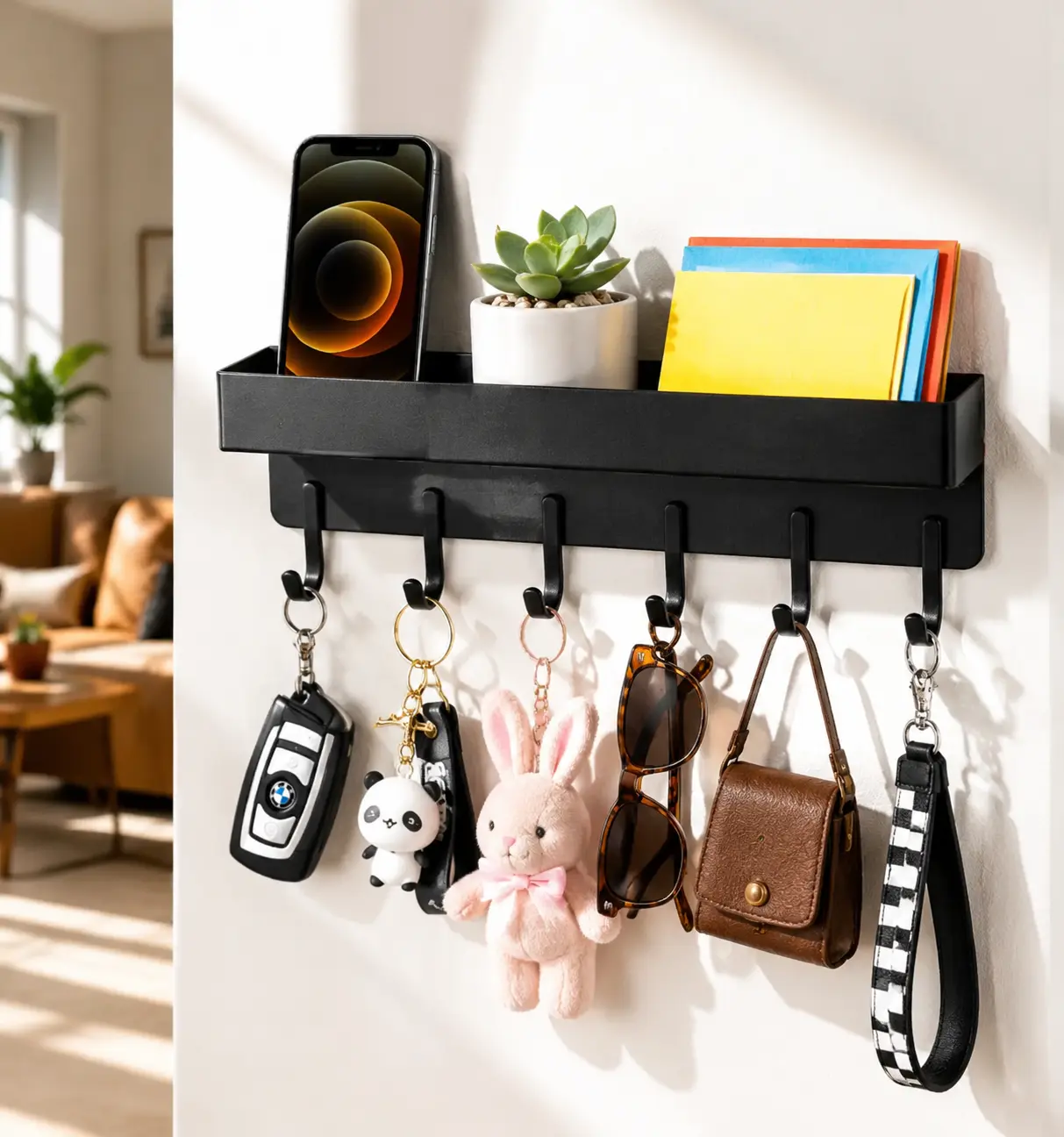 Magnetic Key Holder for Wall with Shelf & 6 Hooks - Wall Mounted Key Organizer for Entryway, Foyer & Hallway - Carbon Steel Key Rack with Top Tray, Modern Home Decor, Housewarming Gift for New Home