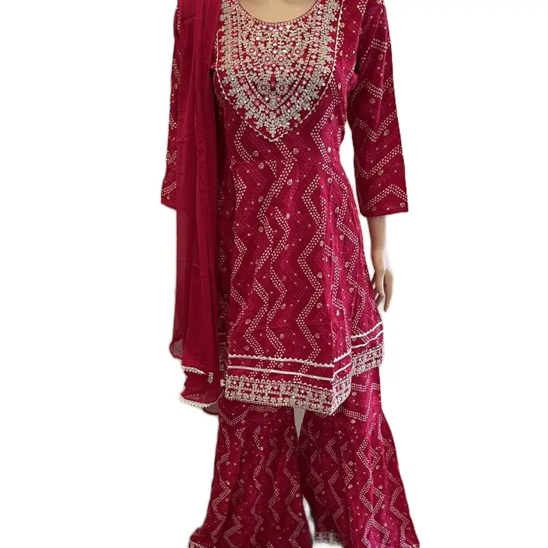 Women's Traditional Indian-Nepali Cotton Gharara Kurta Salwar Pant Set with Duppatta - Red Chunari Print Breathable Cultural Style Clothes, Women's Clothes for Holiday Ethnic Wear, Fabric, Cultural Attire, Garara Pants