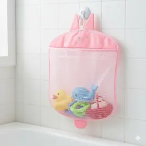 Breathable Hanging Bathtub Toy Storage Net Bag, No-Drill Waterproof Foldable Portable Design, Large Capacity Kids Bath Toy Organizer Shower Storage Basket, Multifunctional Hanging Bag