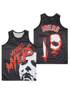 Michael Myers Halloween Basketball Jersey Black Red White Horror Movie Print All Over Print Breathable Mesh Sleeveless Tank Top Sport Jersey for Horror Fans, Halloween Enthusiasts, Basketball Collectors & Movie Lovers Sports Jersey