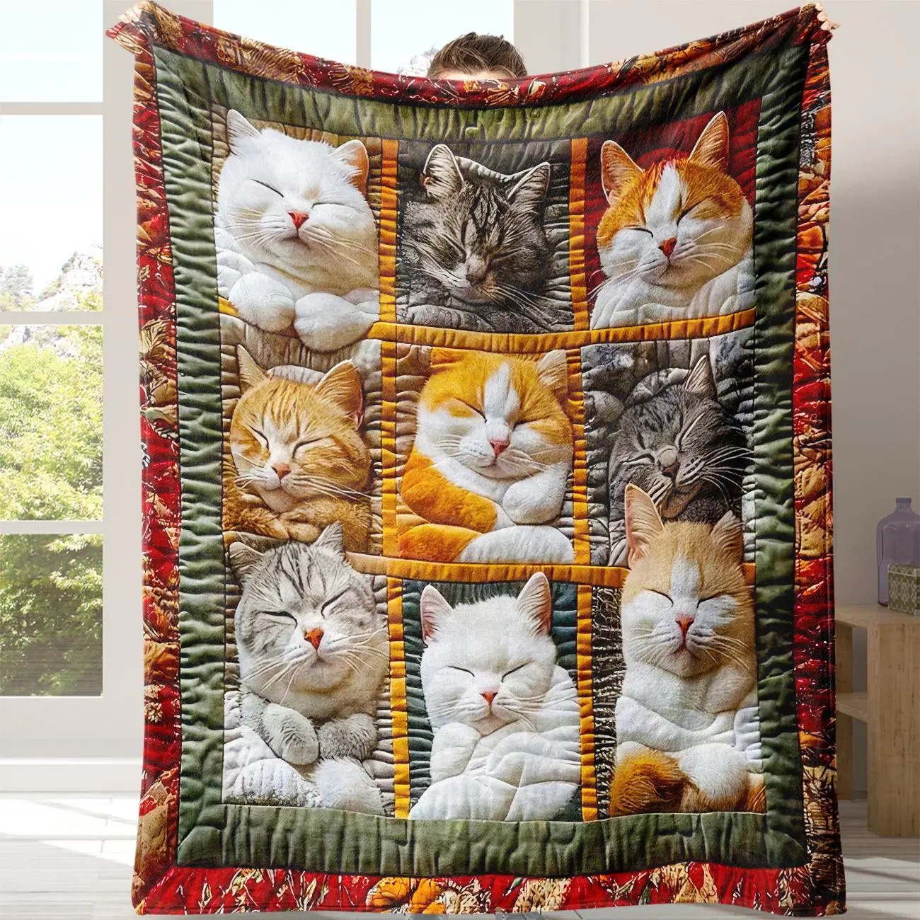 Cat Pattern Flannel Blanket 1 Count Soft Comfortable Cozy Throw with Storage Bag Air - conditioned Room Warm Nap Blanket for Home Office Travel