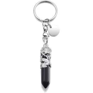 Black Obsidian Healing Crystal Keyring with Silver Dragon, Hexagonal Pointed Gemstone Pendant Keychain Charm for Spiritual Healing and Protection MANIFO