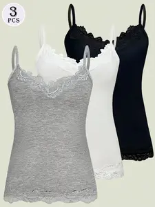 New Lace Patchwork Halter Vest Top, V Neck Design, Inner Layering, Stylish and Comfortable, Casual Chic Sleeveless, Perfect for Casual Wear
