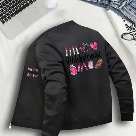 Women's Casual Fitted Long Sleeve Jacket Coats, Phlebotomist Pattern & Baseball Collar Design, Zipper Closure Casual Collared Outerwear, Tops, S-Xxl Sizes Available, Womenswear