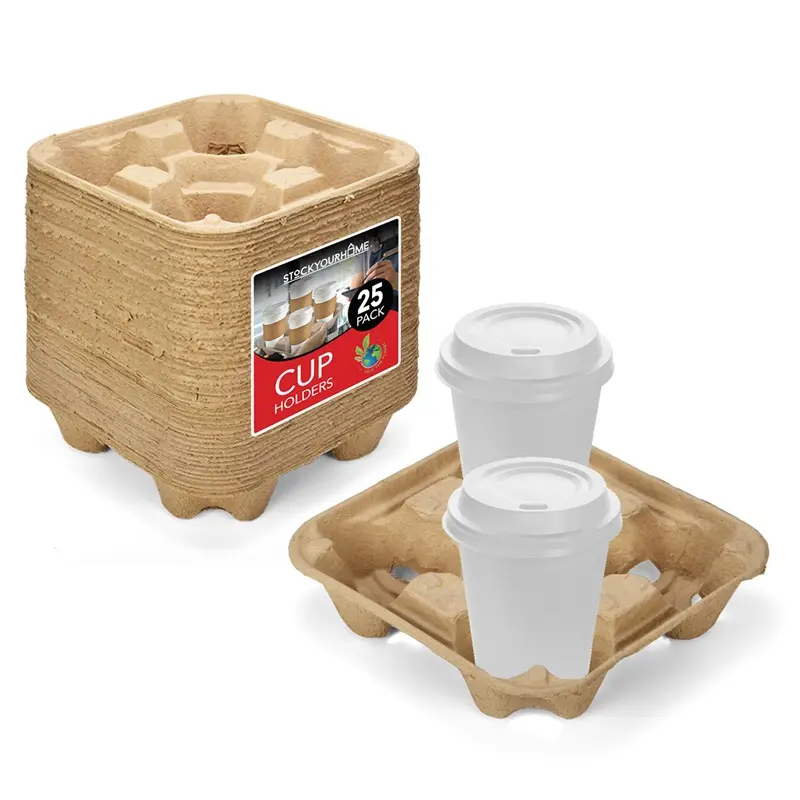 4 Cup Disposable Coffee Tray (25 Count) - Biodegradable and Compostable Cup Holder - Durable Drink Carrier for Hot or Cold Drinks, Uber Eats - to Go Coffee Cup Holder for Food Delivery Service