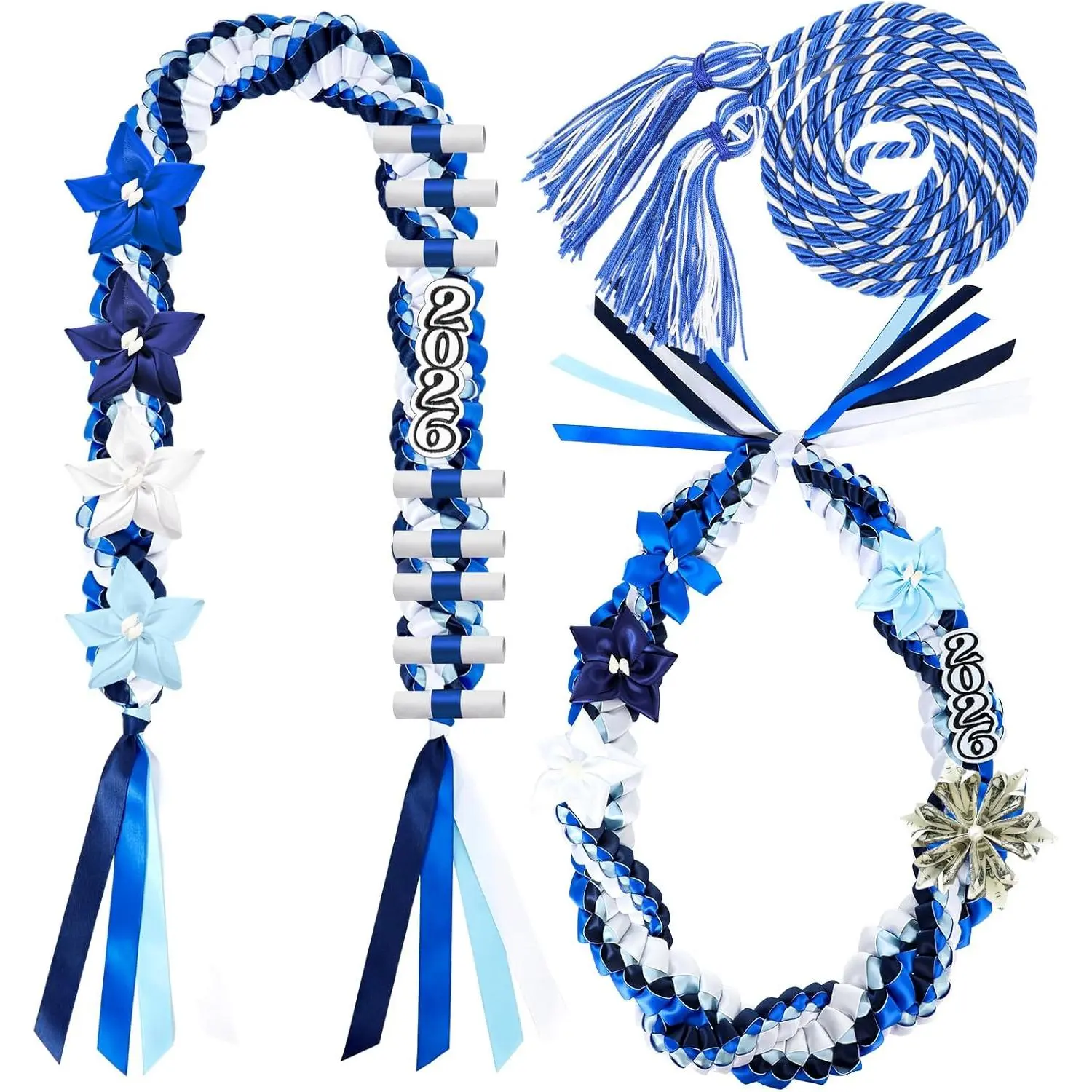 Double Braided Graduation Lei Set for Class of 2026, Classy Polyester Ribbon Lei with Embroidered 2026 Badge & Honor Cord, Comfortable Relaxed Fit Ceremony Accessories with 4-inch Tassel, Handmade