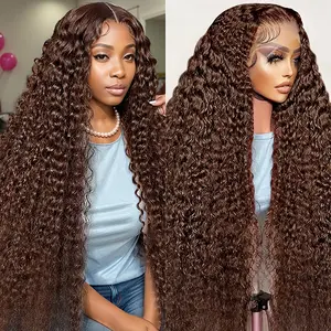 180% Density Chocolate Brown Curly Wigs Human Hair Deep Wave 13×4 Lace Frontal Wig #4 Colored Human Hair 13x6 Lace Front Wig Pre Plucked For Women