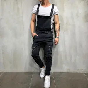 Stylish men’s slim distressed denim overalls/jumpsuits, biker jeans, street-style ripped stretch-strap jeans
