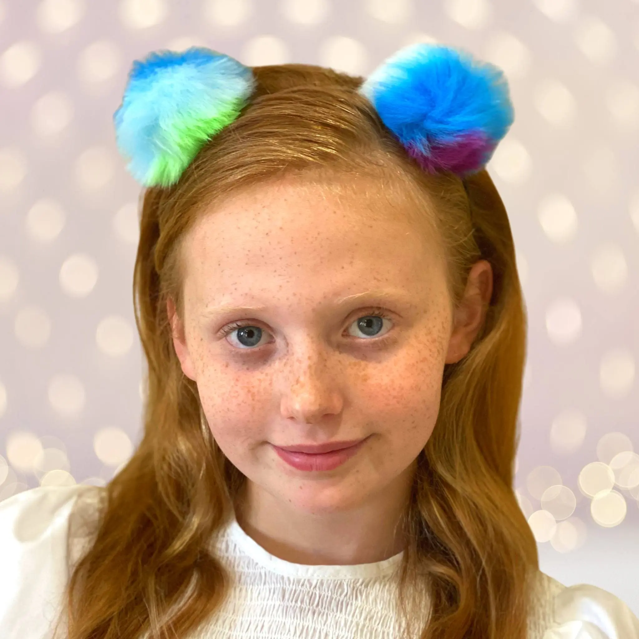 Rainbow Pom Pom Ears Headband, Soft Fuzzy Female Accessory for Playful Costumes, Festivals, and Parties
