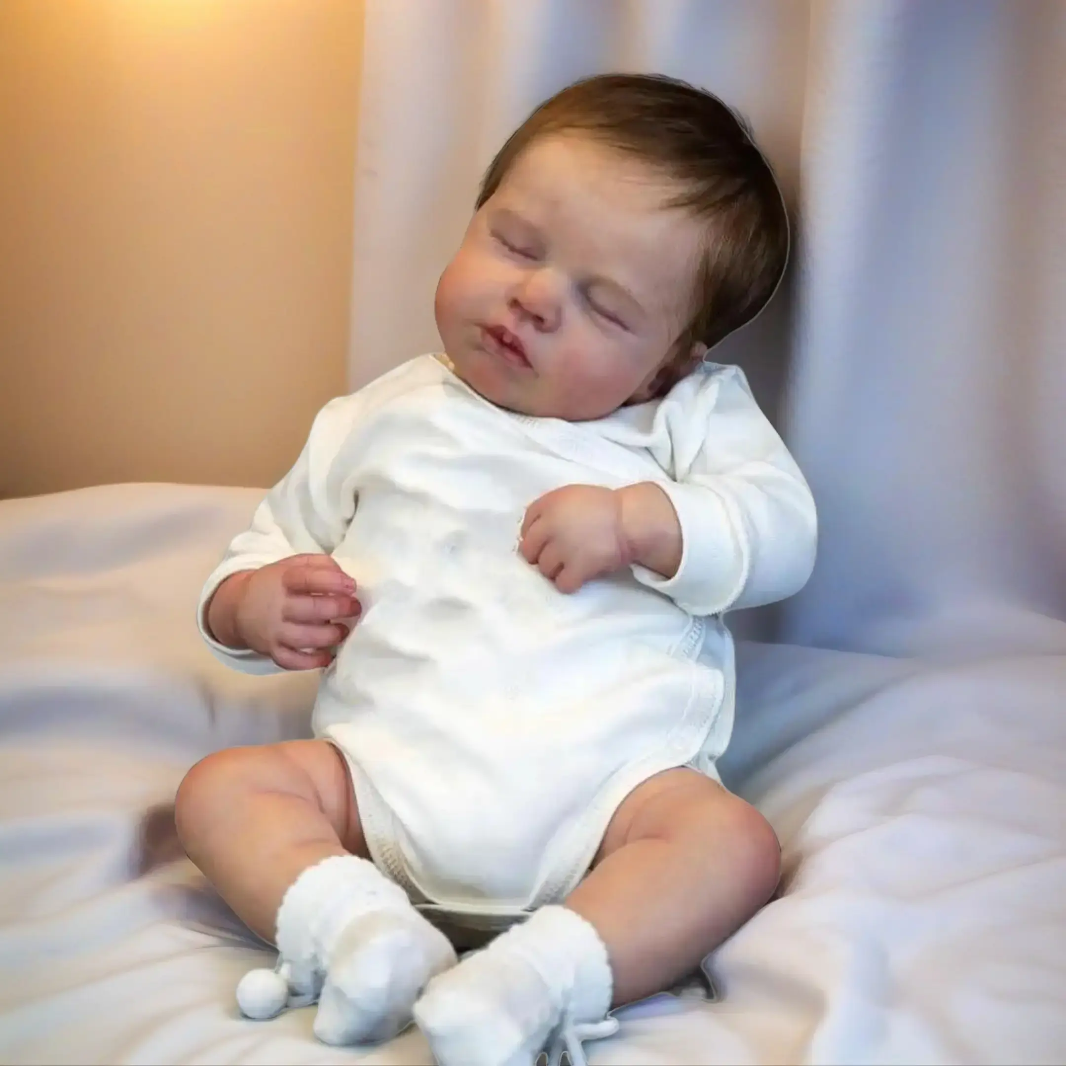 20-inch Newborn Reborn Baby Doll, Rooted Brown Hair, White Onesie, Hand-Painted Details, Soft Cloth Body, Sleeping Design, Cute Dolls, Ideal for Birthday & Christmas Gifts Rebornbabydoll, Sleeping Doll