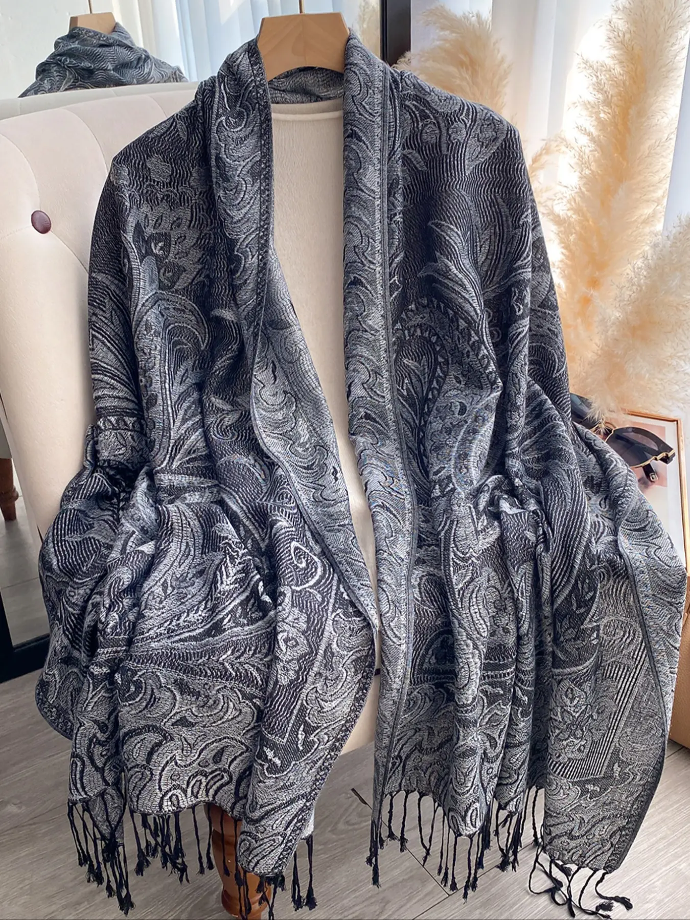 Elegant Boho Paisley Print Scarf, Long Fringe Trim Shawl, Woven Pashmina Wrap, All-Season Fashion Accessory, Moderate Fabric Thickness, Boho Style Scarf