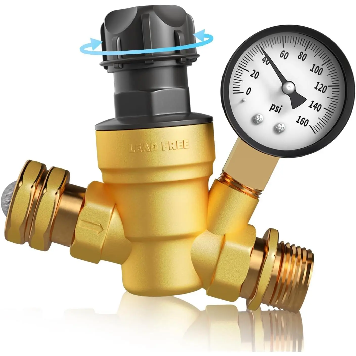 Lead-Free Brass RV Water Pressure Regulator Valve - 3/4" Garden Hose Thread, 45 PSI, Tool-Free Adjustable Knob, Pressure Gauge, Inlet Screen Filter for RV Campers, Travel Trailers (Compatible with American Water Sources), Pressure Gauges