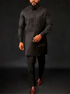 Men's African Kaftan Set, Long Sleeve Round Neck Blouse and Pants, Elegant Muslim Wedding Party Formal Wear, 2 Piece Suit for Men, Ethnic Pattern