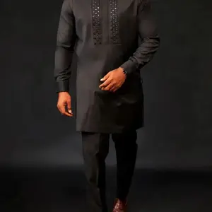 Men's African Kaftan Set, Long Sleeve Round Neck Blouse & Pants, Elegant Muslim Wedding Party, 2 Piece Suit for Men