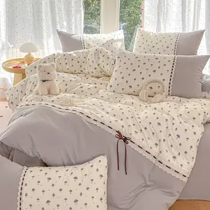 French Lace Cloud Cotton Set, 3-Piece Bedding Includes 1 Duvet Cover & 2 Pillowcases, Ideal for Bedroom Dormitory Hostel