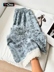 Casual Lace Trim Wide Leg Pants, Cottagecore Feminine Chic Print Elastic Waist Flowy Long Trousers