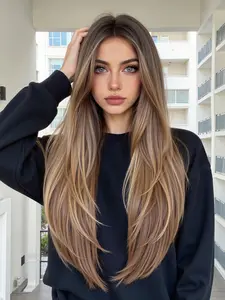 Light Root Dyed Wig, 26 Inch Layered Long Bangs, Heat Resistant Fashion Casual for Daily Commute, Layered Cut Wig