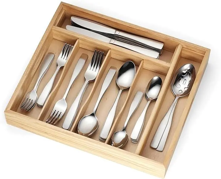 Cambridge 263K7CSLG31 Madison 18-0 Stainless Steel Flatware Set with Wood Tray, Satin - 62 Piece