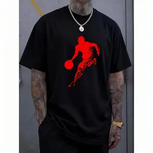 Funny Vintage Men'S Basketball Silhouette Printed T-Shirt, 100% Cotton Casual Crew Neck Long Sleeve T-Shirt, Slightly Elastic, Four Seasons Comfortable Fit Knitted Fabric Top, PLUS SIZE