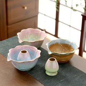 Ceramic Matcha Bowl with Lotus Flower Mouth, Blue Song Dynasty Tea Set, Girls' Teaware, Traditional Japanese Design, Matcha Kit Set, Matcha Whisk Set, Tea Cup Set