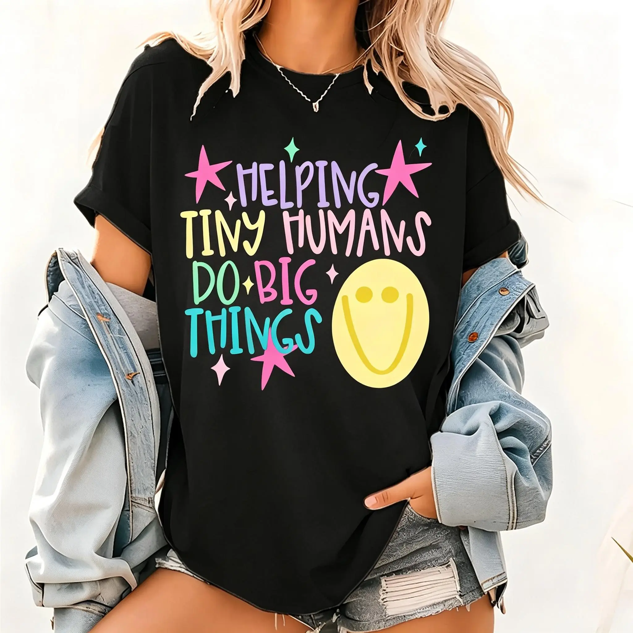 Helping Tiny Humans Do Big Things Shirt – Preppy Teacher Graphic Tee, Back to School Stars T-Shirt, Daycare & Preschool Teacher Gift  Womenswear Apparel Piece