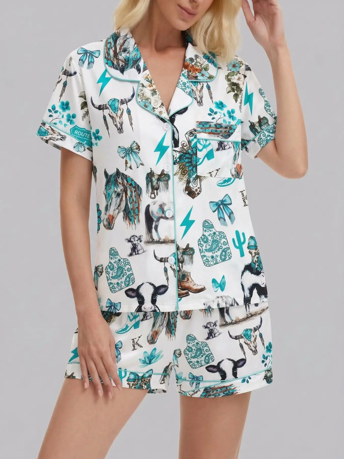 Women's Western Cowboy Style Sleepwear Loungewear Set, Horse Cactus Bow Lightning Animal Print, Fitted Short Sleeve Top & Loose Shorts, All Seasons, Pajama Set