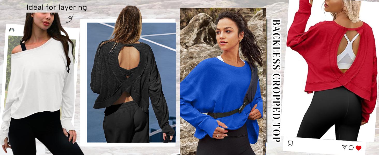 Molitree Women's Open Back Workout Top Long Sleeve Athletic Shirts Casual Crop Running Tee Y2k Yoga Fitted Cotton Spandex Blend Comfortable Fit