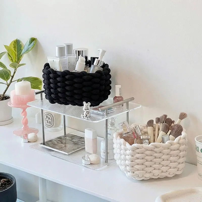 Woven Storage Basket, Decorative Basket, Bathroom Baskets, Stackable Cosmetic & Bathroom Organizer, Durable Design for Bedroom, Living Room, Vanity Decor, High-Quality Home Storage Solution