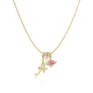 Tewiky Gold Layered 3-Layering Initial A-Z Letter Pendant Necklaces for Women Snake Chain Choker Personalized Pink  Heart CZ Capital Necklace Adjustable Party Jewelry for Valentine's Day Gift
