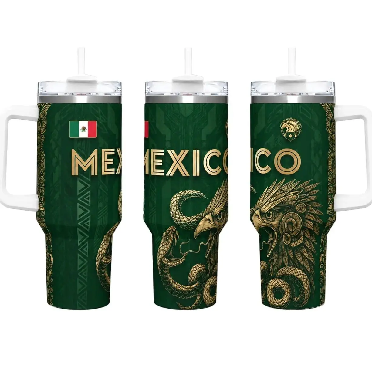 40oz Mexico Golden Eagle Snake Printed Stainless Steel Insulated Tumbler - Mexican Flag Aztec Pattern Portable Coffee Water Bottle Flask with Lid, Heritage Gift Hot & Cold Kitchen Drinkware