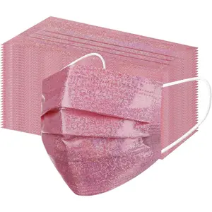 50Pack Sparkly Cute Disposable Face Masks, Pink Glitter Face Masks for Women Girls,3-Ply Soft Breathable Full Face Protection