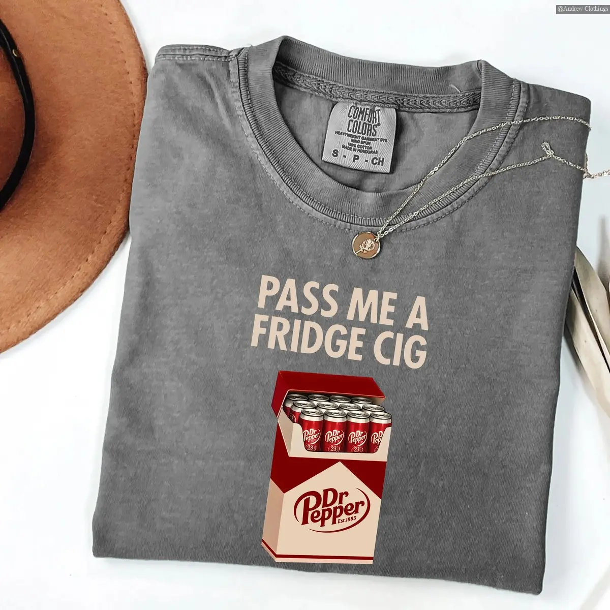 Pass Me A Fridge Cig Comfort Colors T-Shirt for Dr Peppper lovers, a retro soda humor tee with quirky caffeine addict vibes, Comfort Colors style, fun casual wear daily Print Tee, Andrew Clothings