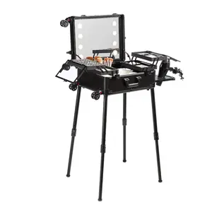 Summervibes VEVOR Makeup Train Case with Lock, Lighted Mirror, 4 Storage Trays, Brush Holder, Travel Cosmetic Organizer Box w/ Swivel Wheels, Professional Artist Trolley Studio Free Standing Case