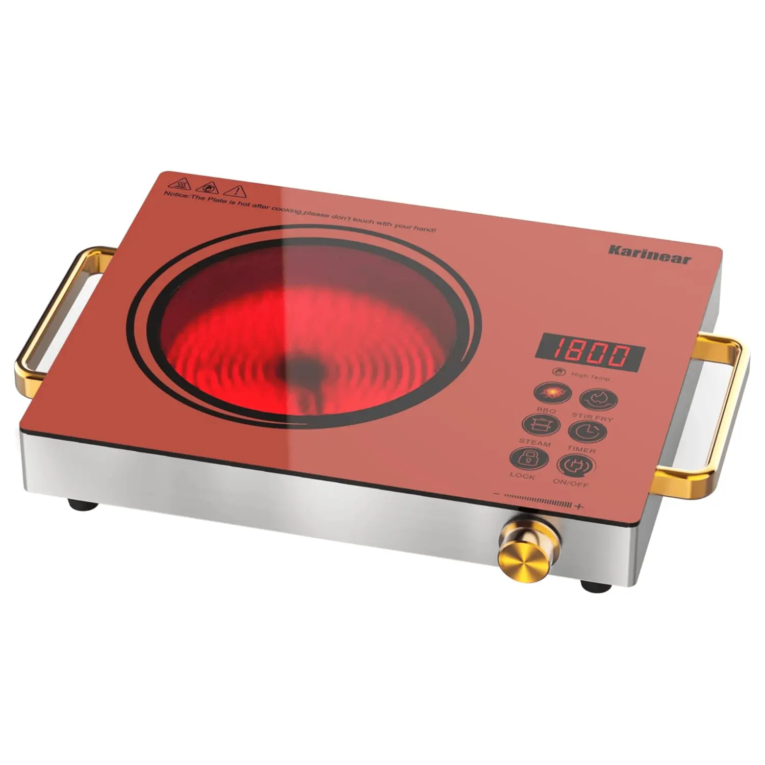 Karinear 1800W Cordless Portable Electric Stove - Single Burner Ceramic Infrared Cooktop, Office/Camping Use, Easy Clean, Heat-Resistant Handle, Knob Control, Timer, Child Lock, Stainless Body, Compact, 110~120V US Plug, 5.6 lbs Home Kitchen Appliance, Me
