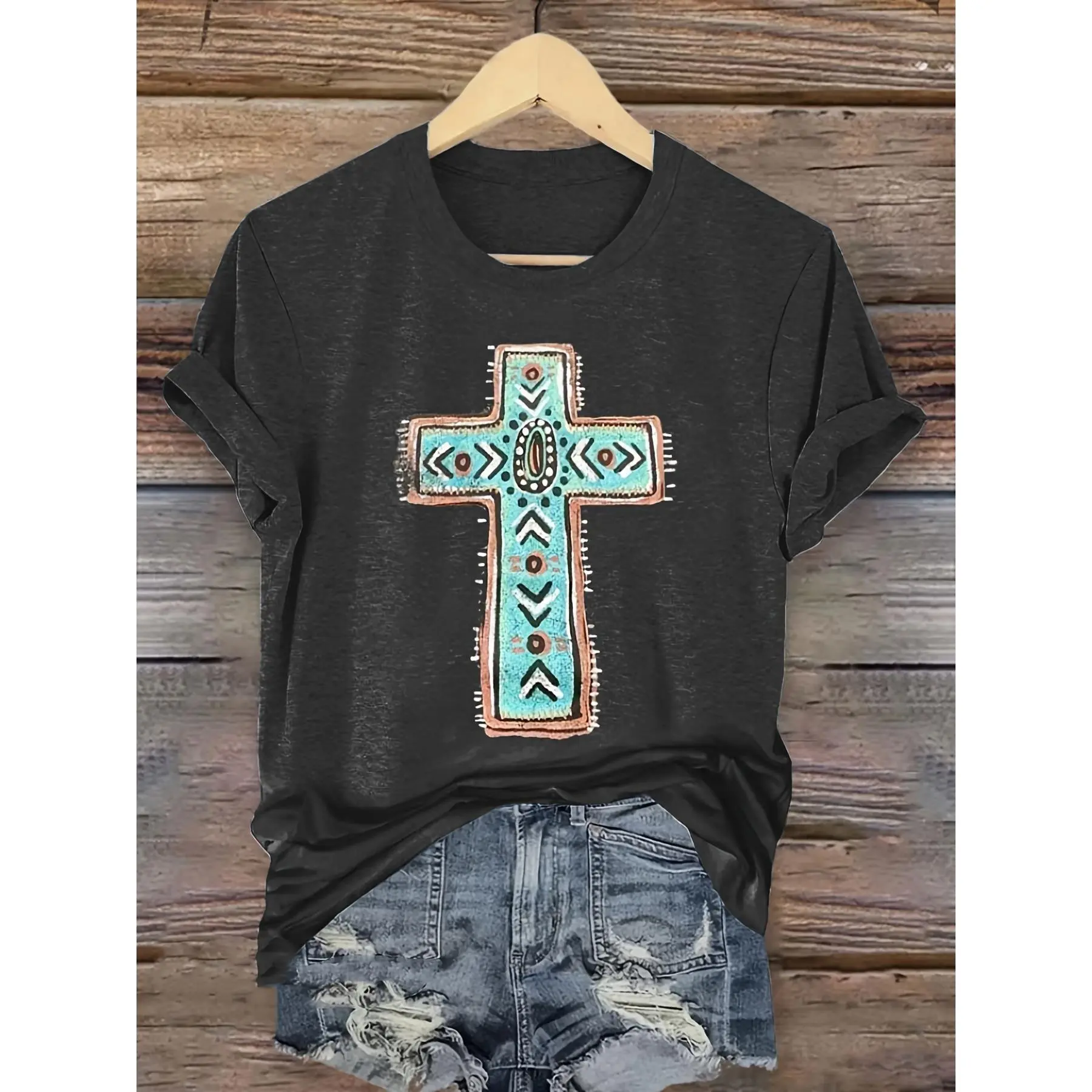 Women's 180g Southwestern Cross Graphic Sport Top - Soft Cotton Blend Casual Short Sleeve Crewneck Shirt, Turquoise & Earth-Tone Design, All-Season Comfort for Casual Attire, Fitted Black Womenswear