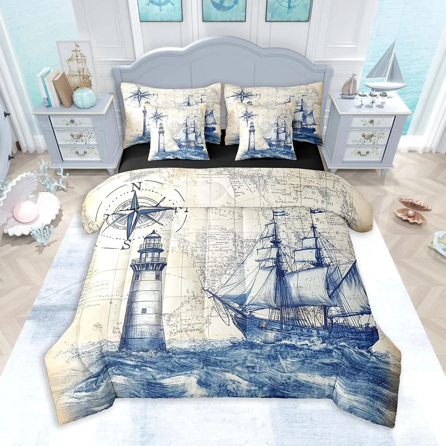 Nautical Sailboat Comforter Set 7 Pieces Lighthouse Compass Anchor Bedding Set Vintage Retro Bed in a Bag with Comforter,Sheets,Pillowcases & Cushion Covers