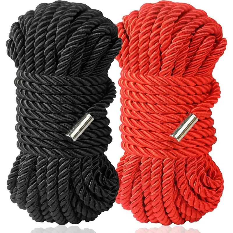 2-Pack Satin Braided Silk Rope (5M x 8mm, Black/Red) - Skin-Friendly, Soft, Durable, Smooth-Ends Twisted Rope for Home Organization, Storage Holders
