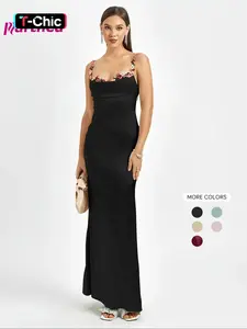 Parthea Women's Plain Flower Decor Ruched Backless Bodycon Fit Cami Dress, Elegant Tie Back Sleeveless Long Dress for Formal Evening Party Club Dating Wear, Ladies Summer Clothes