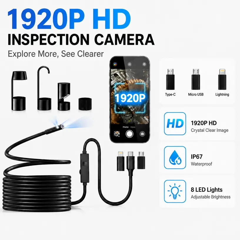 1920P HD Borescope Endoscope Camera, 16.4ft (5m) Semi-Rigid Snake Inspection Camera with 8 Adjustable LEDs, IP67 Waterproof Scope for iPhone Android, Car Engine Pipeline Diagnostic, Unique Gift for Husband Father Mechanic